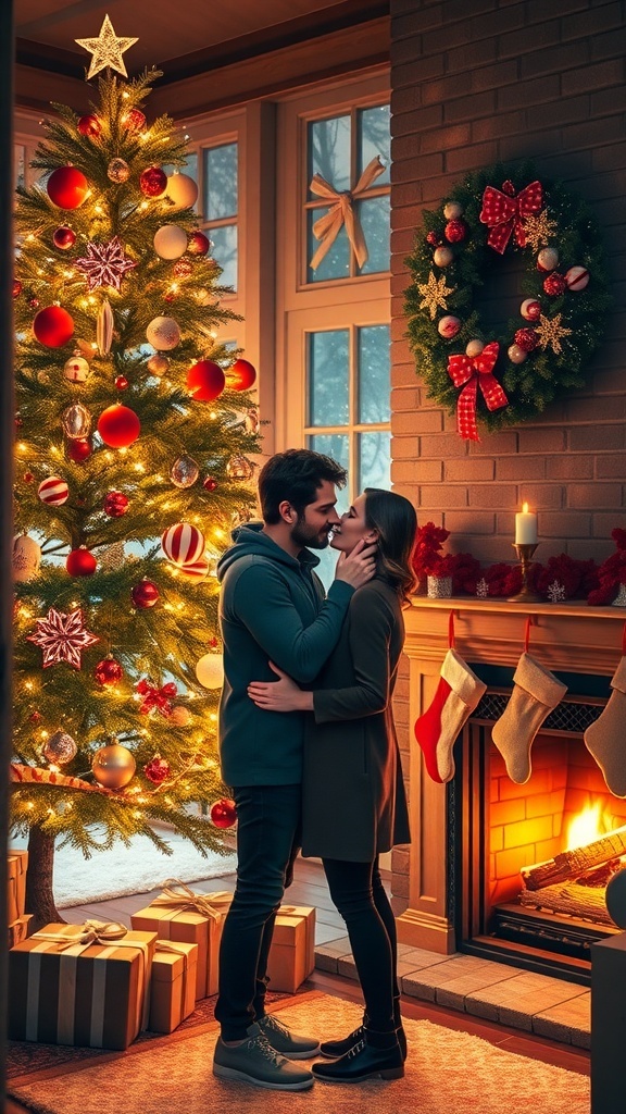 A romantic Christmas scene with a couple under mistletoe, a decorated tree, and a warm fireplace.
